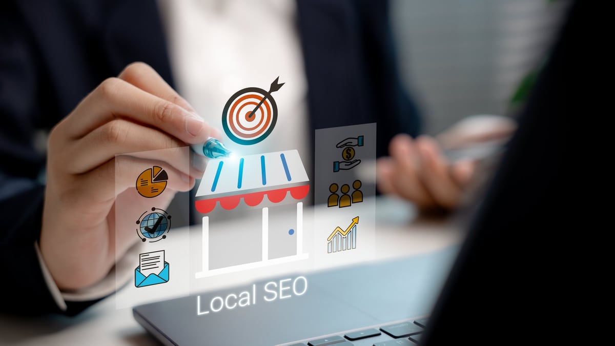 Law firm SEO strategy shown on a virtual interface with a local search graphic